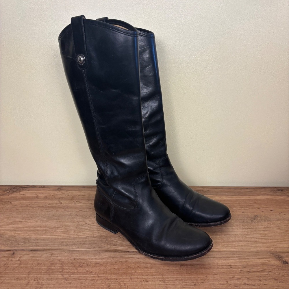 FRYE Melissa Button Tall Riding Boots Women Black Size 7 Leather Pull On Classic